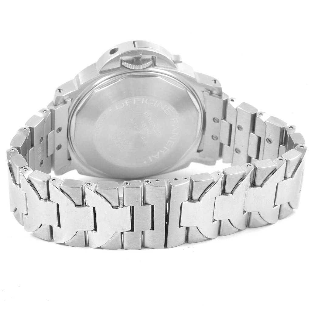 The image shows the back view of a Panerai Luminor PAM00126 Men's Stainless Steel Black Dial PAM00126 Men's Stainless Steel Black Dial watch, highlighting its case back and metallic bracelet.