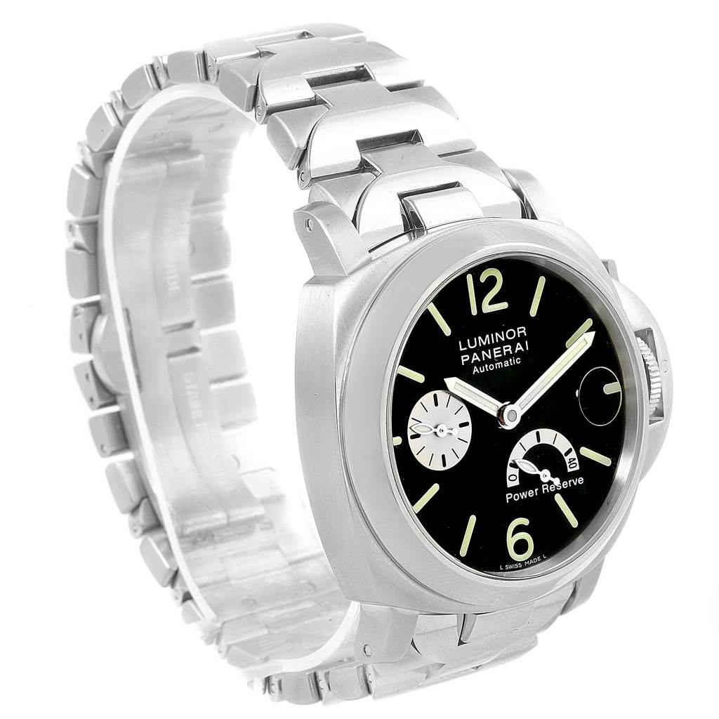 The image shows a front angled view of a Panerai Luminor PAM00126 Men's Stainless Steel Black Dial PAM00126 Men's Stainless Steel Black Dial watch, highlighting its face, bracelet, and crown guard.