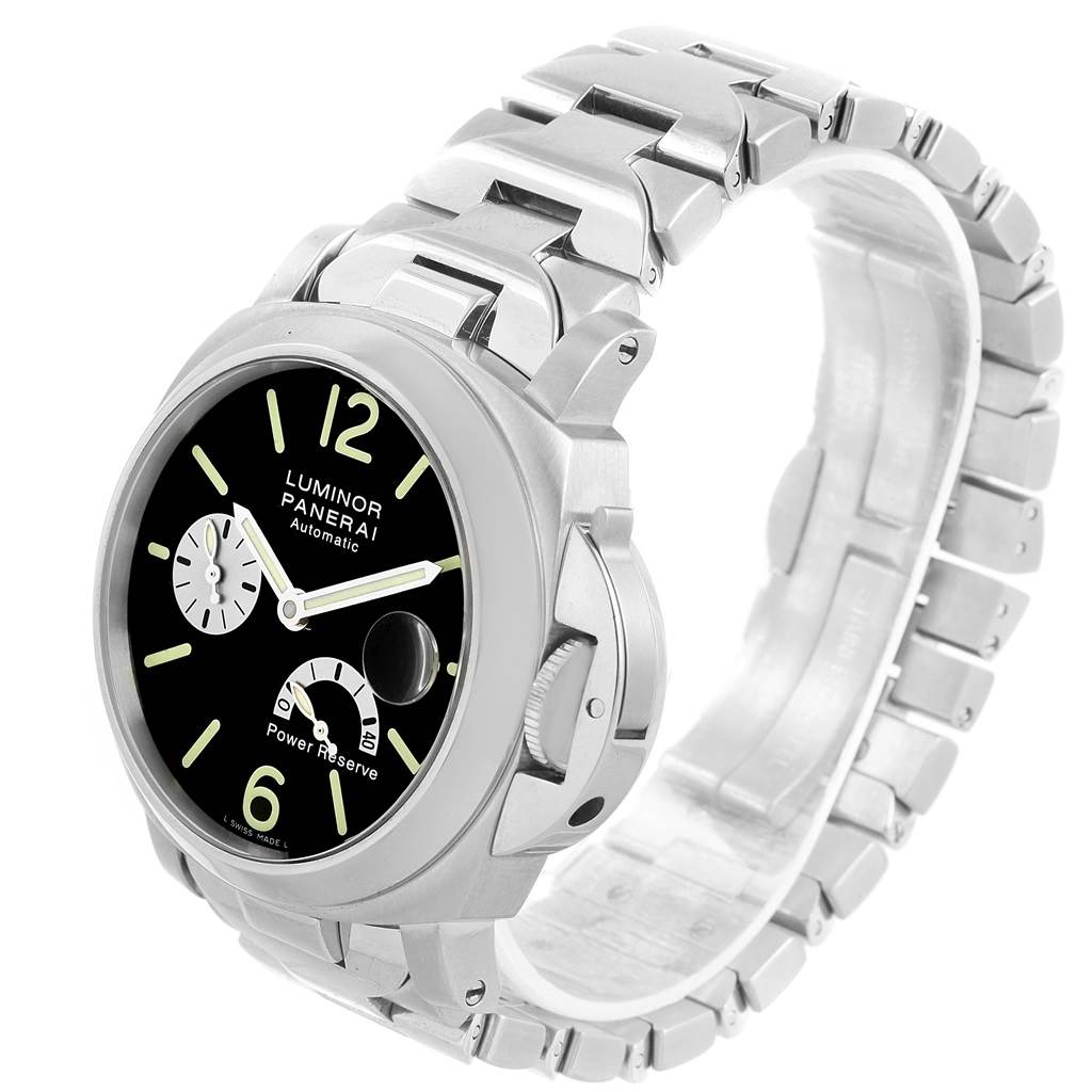 This image shows a Panerai Luminor PAM00126 Men's Stainless Steel Black Dial PAM00126 Men's Stainless Steel Black Dial model watch from a front angle, highlighting the dial, hands, and bracelet.