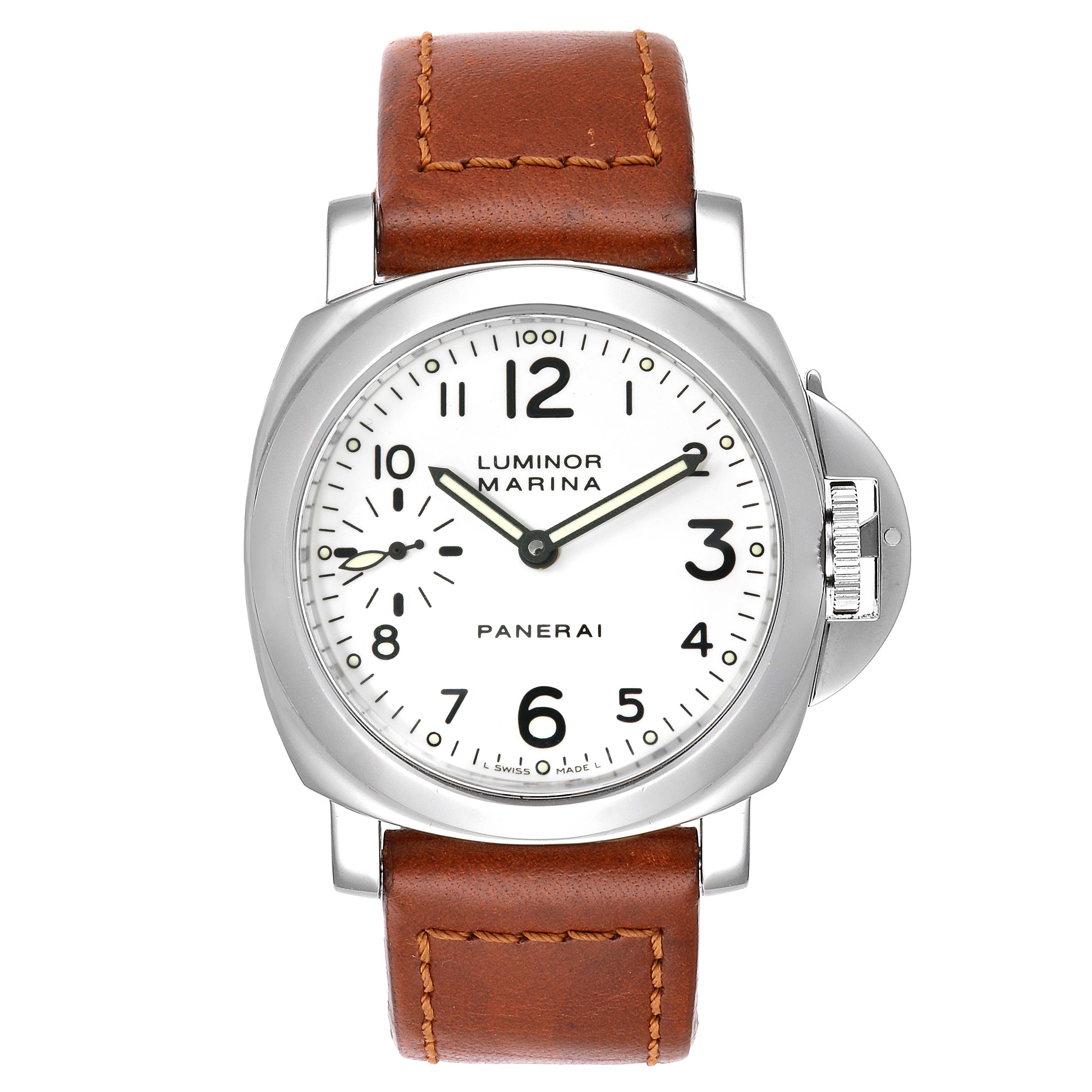 The Panerai Luminor PAM00003 Men's Stainless Steel White Dial PAM00003 Men's Stainless Steel White Dial watch is shown from a front angle, displaying its white dial, brown leather strap, and distinctive crown guard.