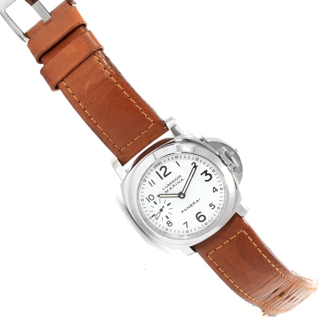 This image shows a Panerai Luminor PAM00003 Men's Stainless Steel White Dial PAM00003 Men's Stainless Steel White Dial watch at a slight angle, featuring its white dial, brown leather strap, and signature crown guard.