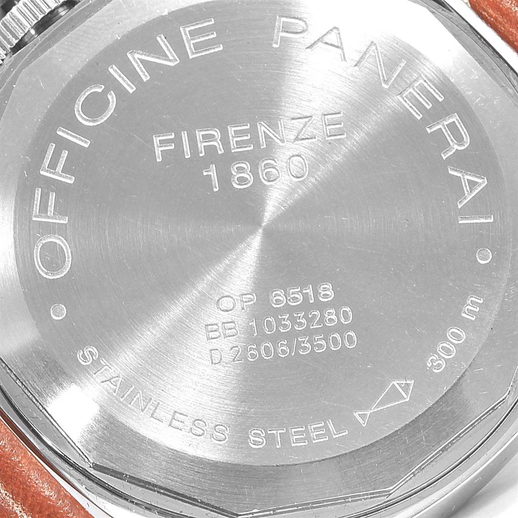 The image shows the case back of a Panerai Luminor PAM00003 Men's Stainless Steel White Dial PAM00003 Men's Stainless Steel White Dial watch, displaying its engravings and stainless steel construction.