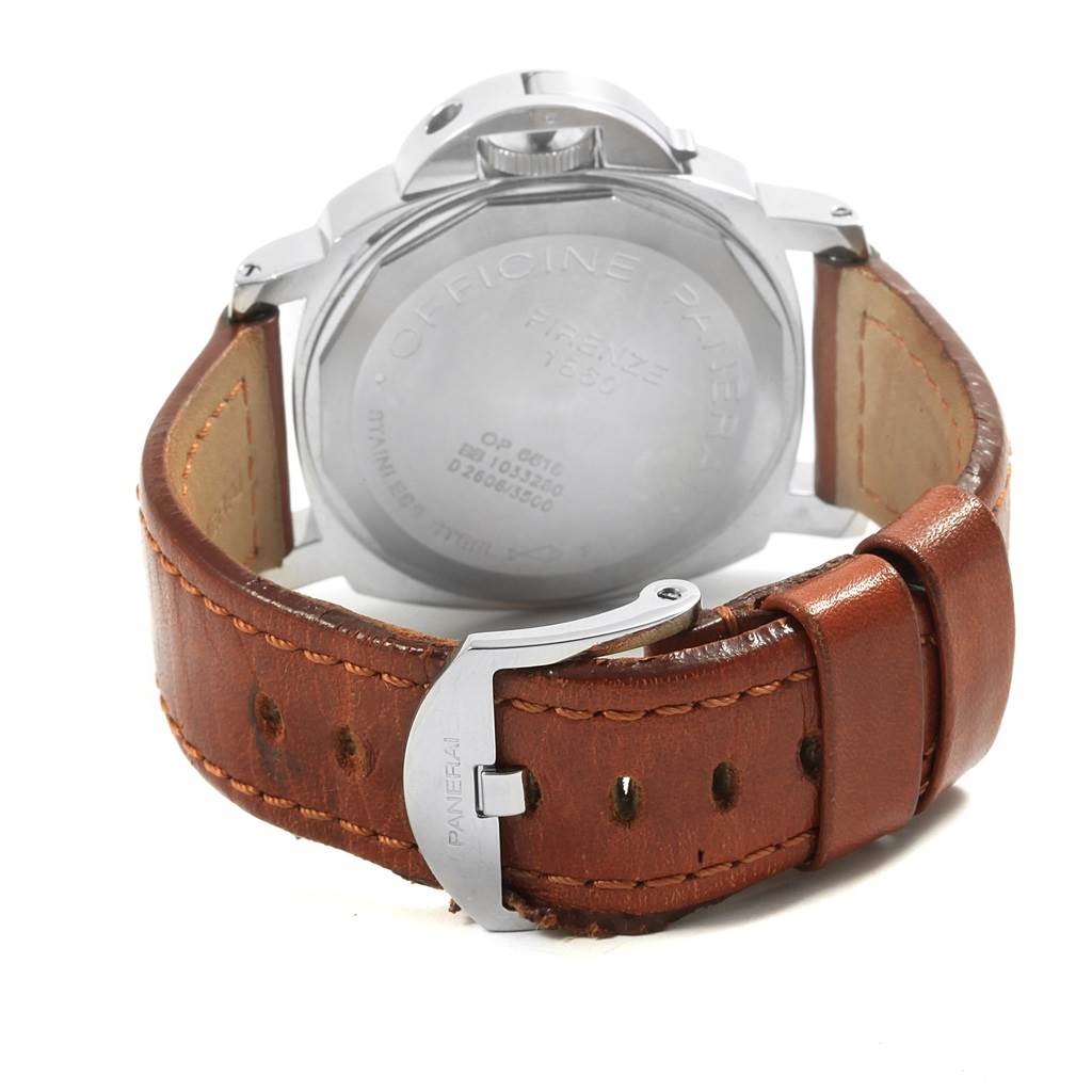 This image shows the back of a Panerai Luminor PAM00003 Men's Stainless Steel White Dial PAM00003 Men's Stainless Steel White Dial watch, featuring the case back and brown leather strap with buckle.