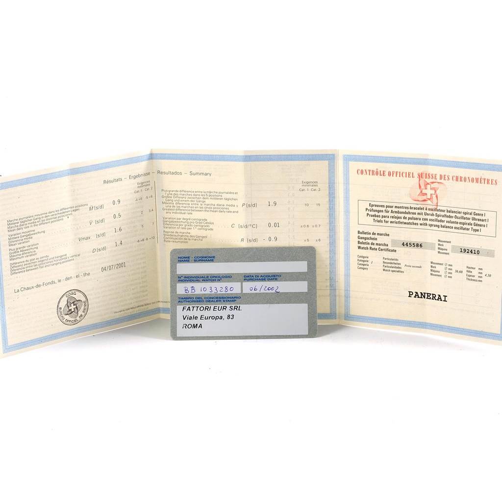 The image shows the warranty card and official documents for the Panerai Luminor PAM00003 Men's Stainless Steel White Dial PAM00003 Men's Stainless Steel White Dial watch.