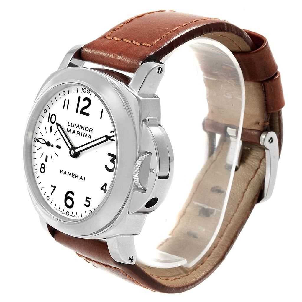 The image shows a Luminor Panerai watch from an angled front view, displaying its face, crown guard, and leather strap.