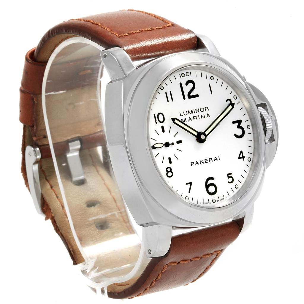 The image shows a Panerai Luminor PAM00003 Men's Stainless Steel White Dial PAM00003 Men's Stainless Steel White Dial model watch from a three-quarter angle, highlighting its face, case, and brown leather strap.