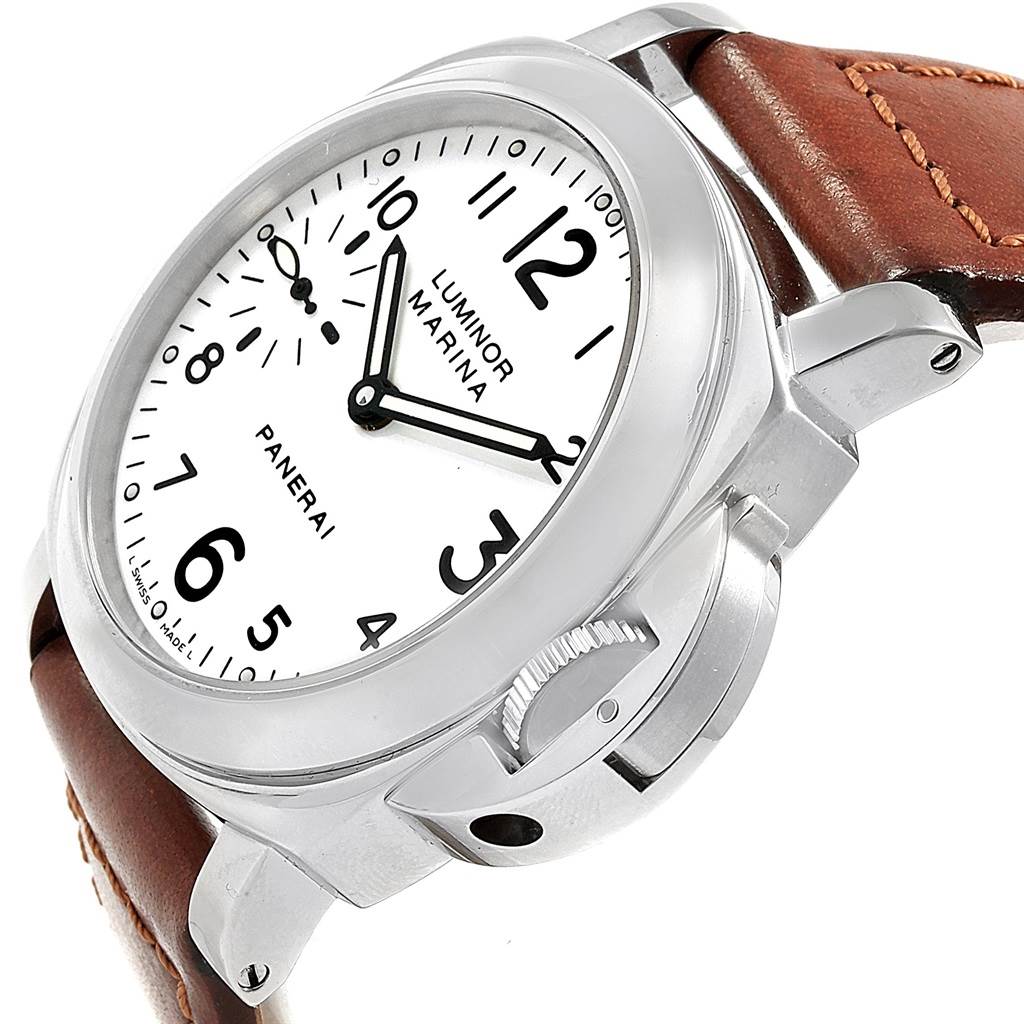 The image shows a Panerai Luminor PAM00003 Men's Stainless Steel White Dial PAM00003 Men's Stainless Steel White Dial Marina watch from a side angle, highlighting the case, dial, crown, and leather strap.