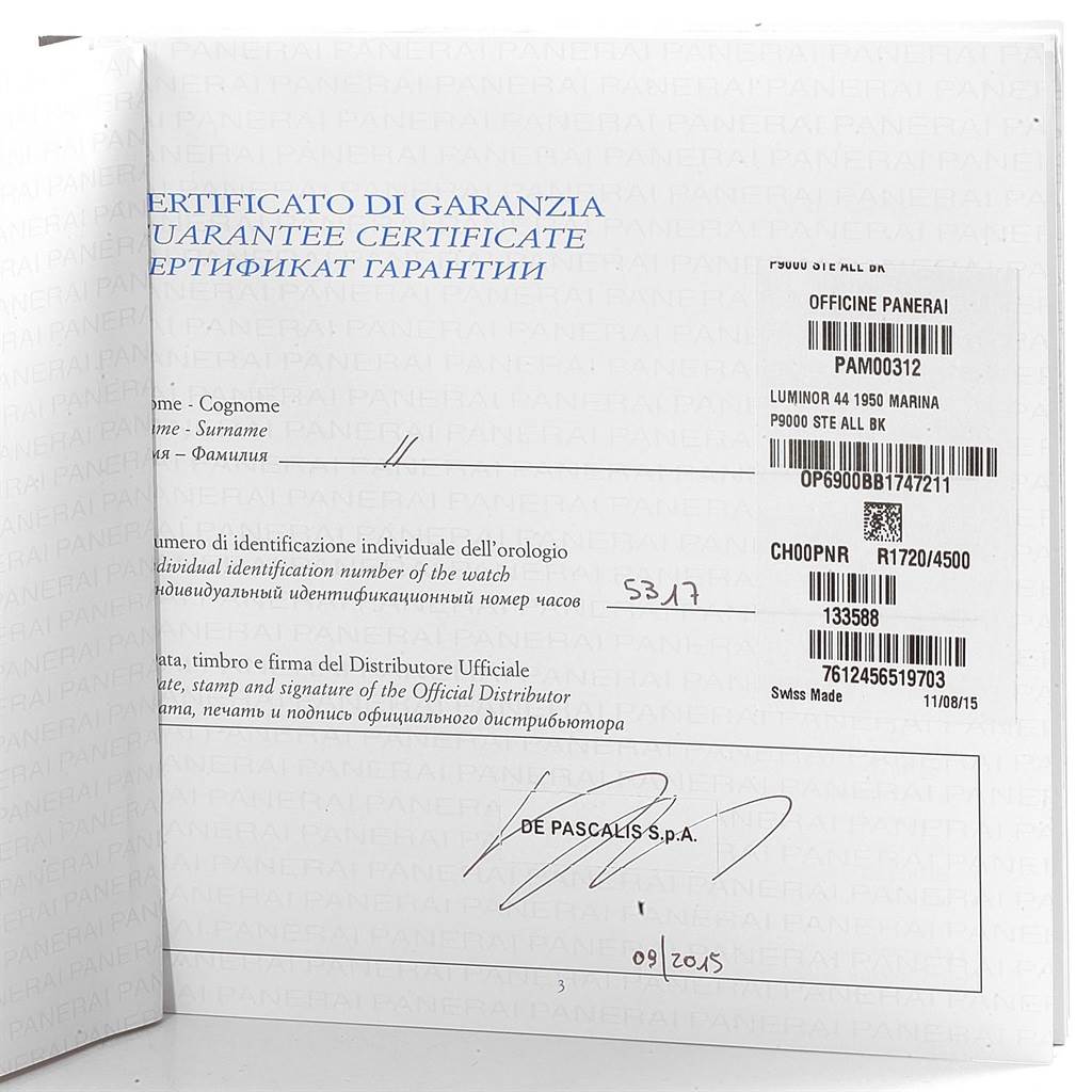 The image shows a guarantee certificate for the Panerai Luminor PAM00312 Men's Stainless Steel Black Dial PAM00312 Men's Stainless Steel Black Dial 1950 Marina watch, featuring model and identification details.