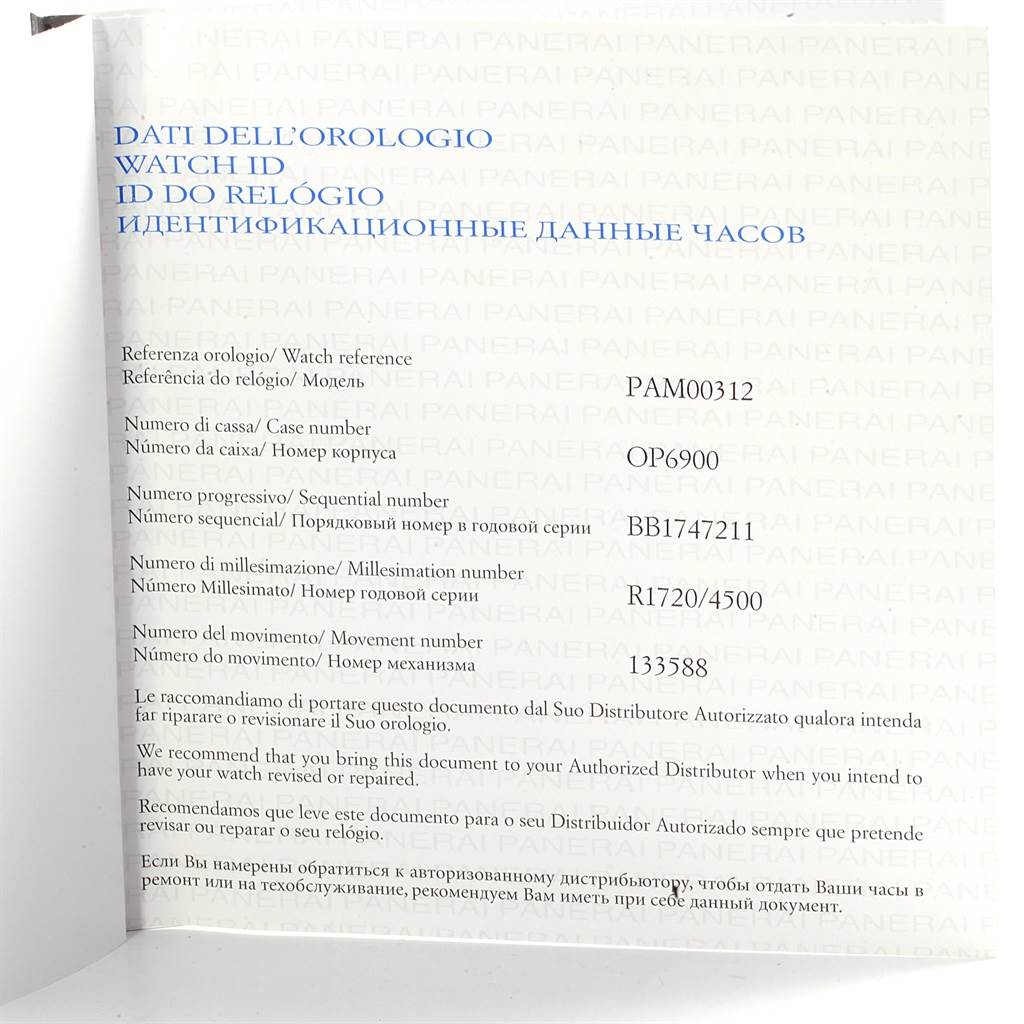This is a close-up of the identification document for a Luminor model watch by Panerai.