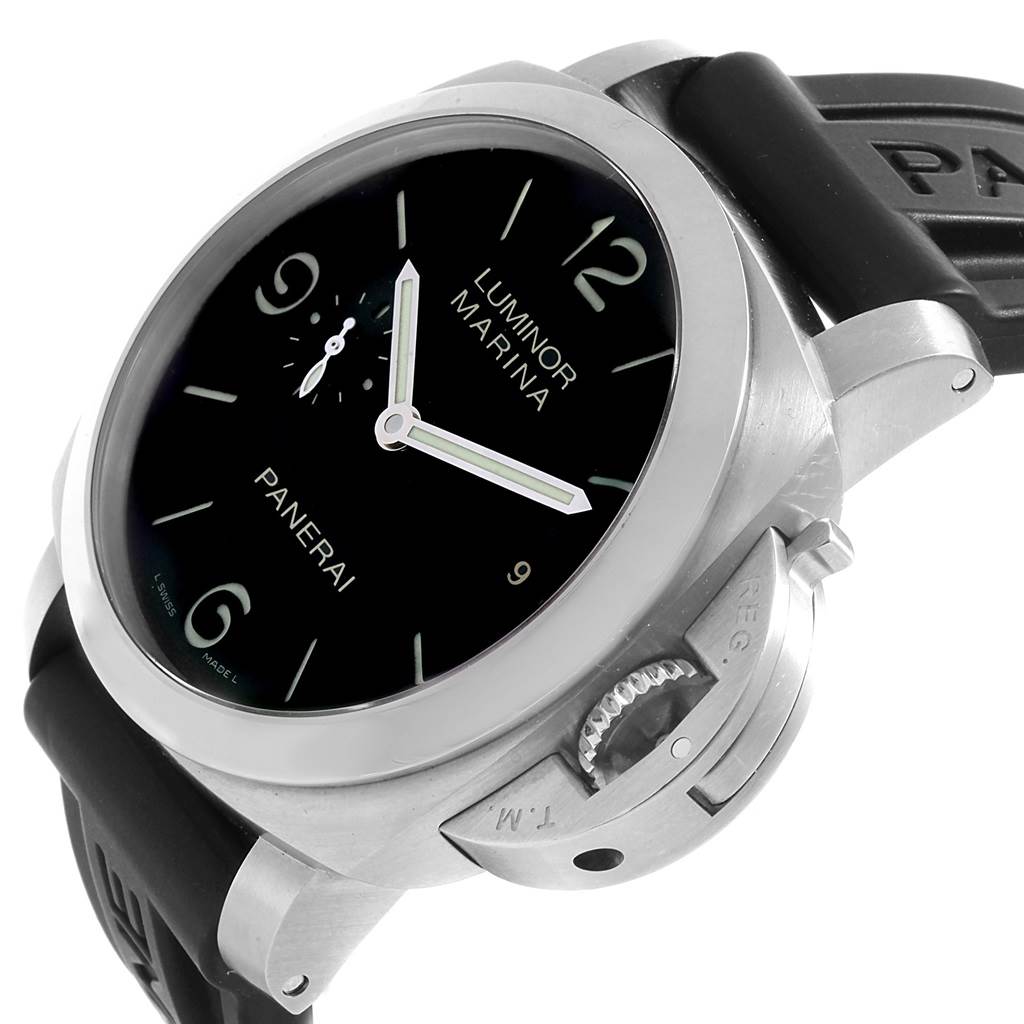 The image shows a close-up angle of the Panerai Luminor PAM00312 Men's Stainless Steel Black Dial PAM00312 Men's Stainless Steel Black Dial Marina watch, highlighting the dial, crown, and part of the rubber strap.
