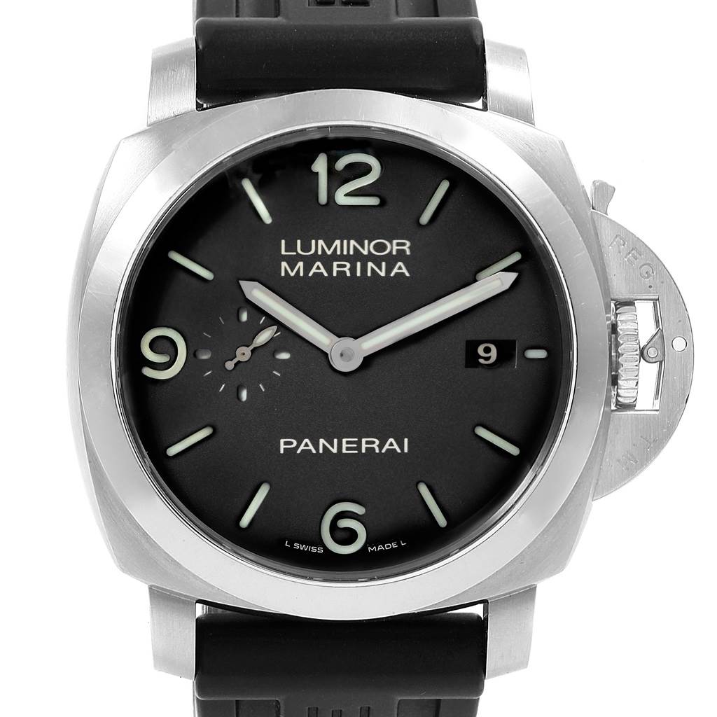 The image shows a front view of the Luminor Marina watch by Panerai, displaying its dial, hands, and crown guard.