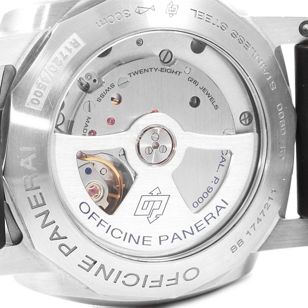 This is the back of the Panerai Luminor PAM00312 Men's Stainless Steel Black Dial PAM00312 Men's Stainless Steel Black Dial watch, showcasing its internal mechanism and stainless steel case.