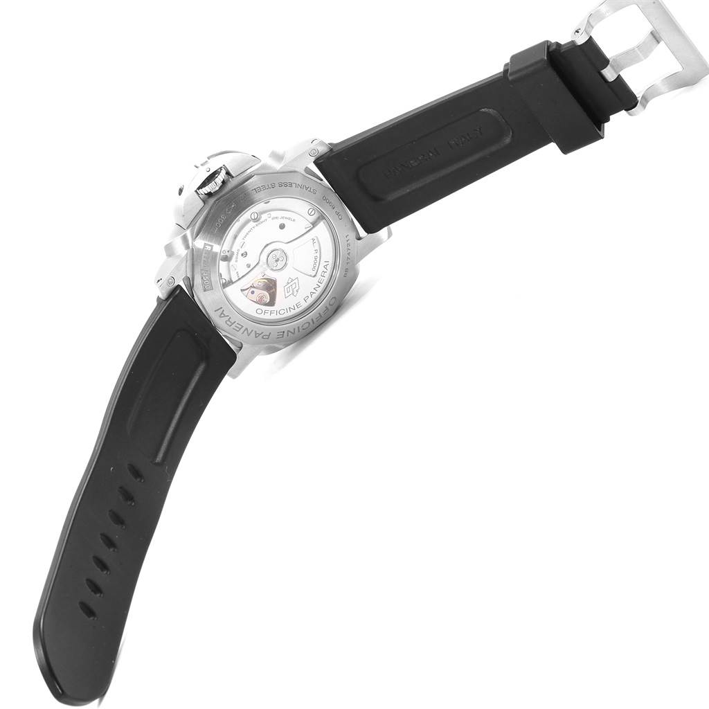 This image shows the backside and strap of the Panerai Luminor PAM00312 Men's Stainless Steel Black Dial PAM00312 Men's Stainless Steel Black Dial watch with the case back visible.