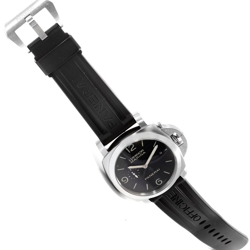 The image shows a top view of a Panerai Luminor PAM00312 Men's Stainless Steel Black Dial PAM00312 Men's Stainless Steel Black Dial watch, featuring the case, dial, and black rubber strap.