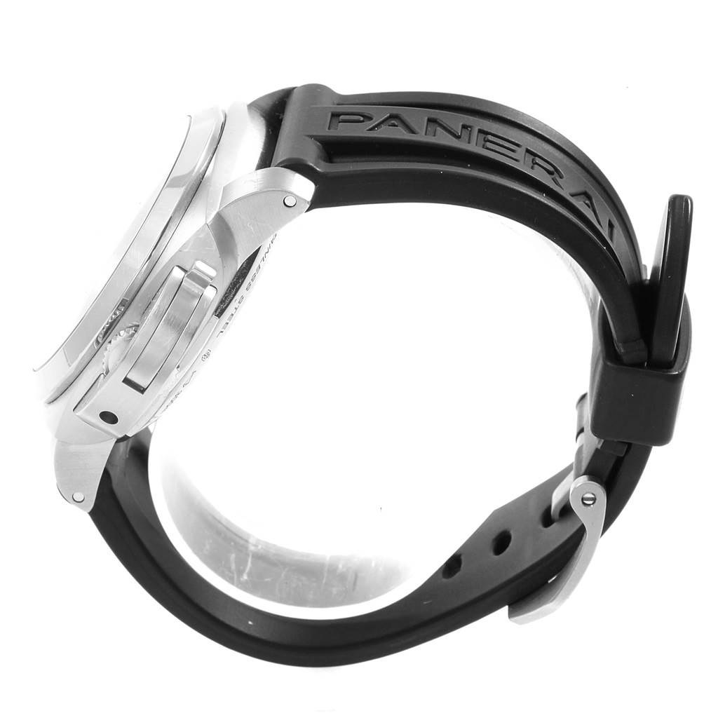 This side-angle view of a Panerai Luminor PAM00312 Men's Stainless Steel Black Dial PAM00312 Men's Stainless Steel Black Dial watch shows the case, crown guard, and black rubber strap.