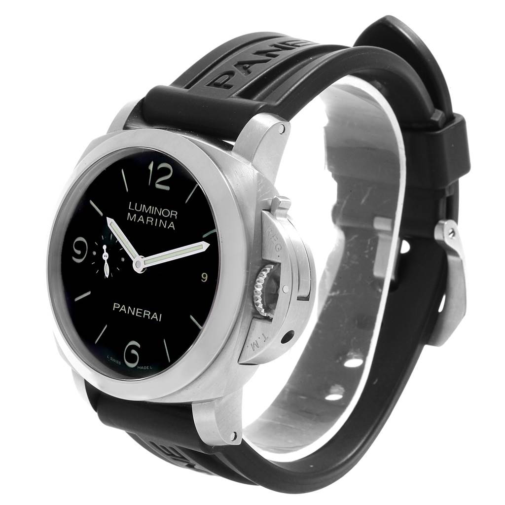 The Panerai Luminor PAM00312 Men's Stainless Steel Black Dial PAM00312 Men's Stainless Steel Black Dial watch is shown at an angle highlighting the face, crown protector, and rubber strap.