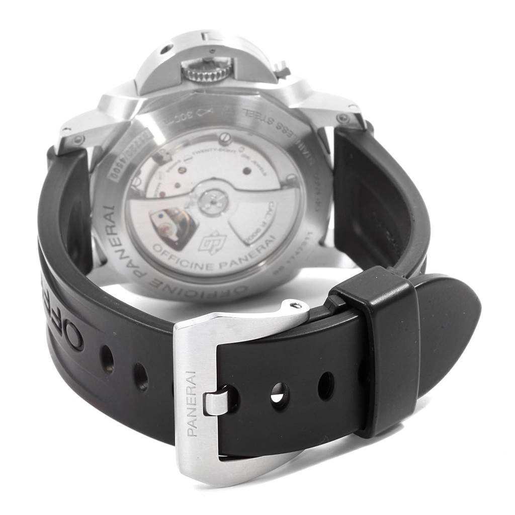 The image shows the back view of the Panerai Luminor PAM00312 Men's Stainless Steel Black Dial PAM00312 Men's Stainless Steel Black Dial watch, displaying its movement and black rubber strap with a buckle.