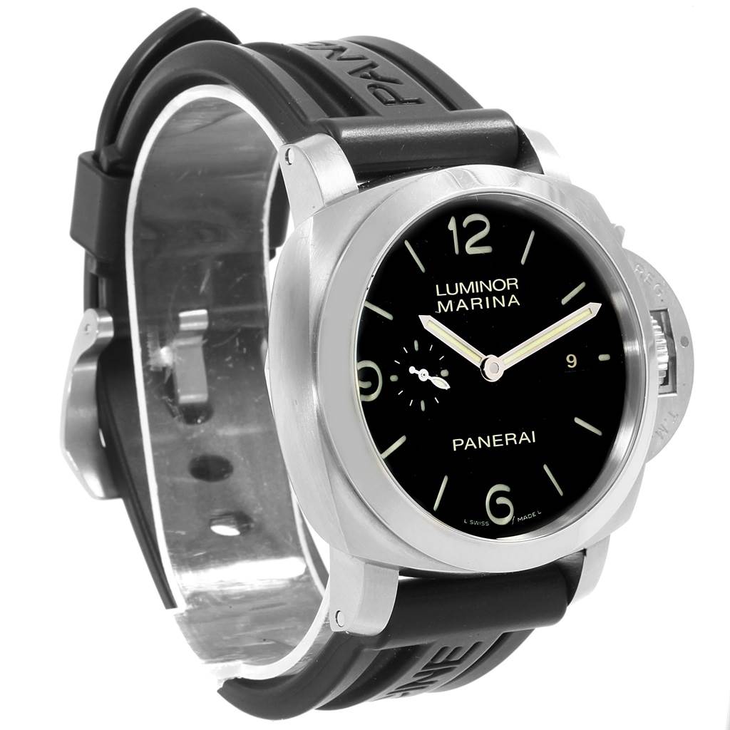 The Panerai Luminor PAM00312 Men's Stainless Steel Black Dial PAM00312 Men's Stainless Steel Black Dial watch is shown from a front and slightly left-angle, displaying its face, case, and strap.