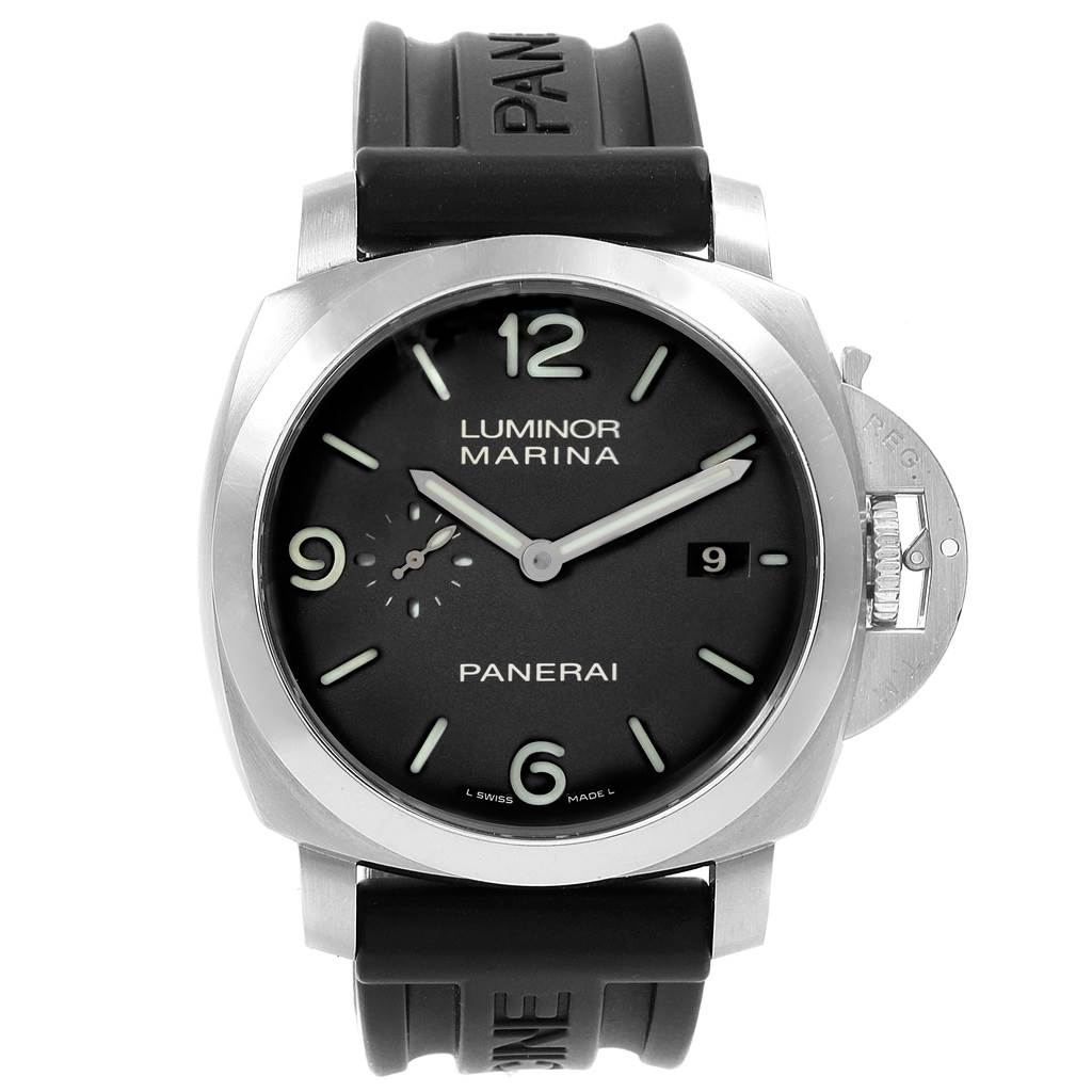 This image displays a front view of a Luminor Marina watch by Panerai, showing the dial, crown guard, and rubber strap.