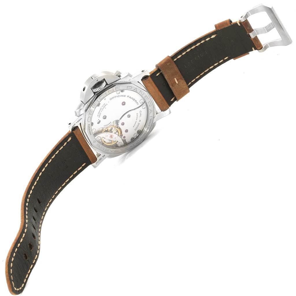 The image shows the back view of a Panerai Luminor PAM00372 Men
s Stainless Steel Black Dial PAM00372 Men
s Stainless Steel Black Dial watch, highlighting its movement, leather strap, and buckle.