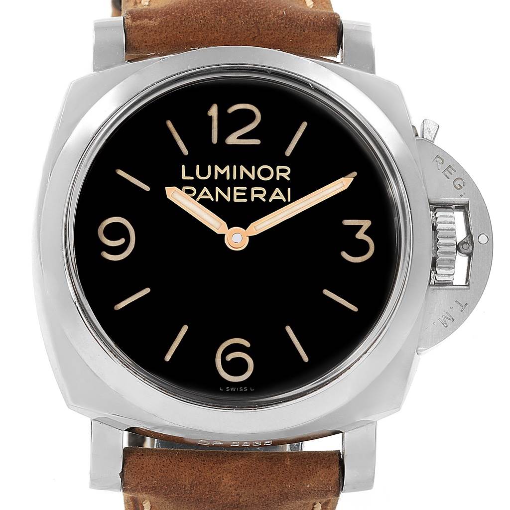 This image shows a front view of a Panerai Luminor PAM00372 Men
s Stainless Steel Black Dial PAM00372 Men
s Stainless Steel Black Dial watch, displaying its dial, case, and crown guard.