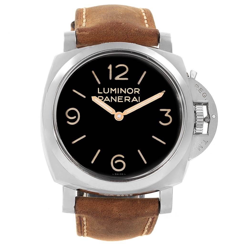 The image shows a front view of a Panerai Luminor PAM00372 Men
s Stainless Steel Black Dial PAM00372 Men
s Stainless Steel Black Dial watch, highlighting its dial, hour markers, and leather strap.