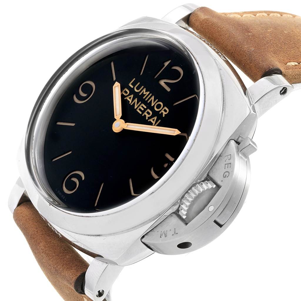 This image shows a close-up angle of the Panerai Luminor PAM00372 Men
s Stainless Steel Black Dial PAM00372 Men
s Stainless Steel Black Dial watch, highlighting its dial, crown guard, and leather strap.