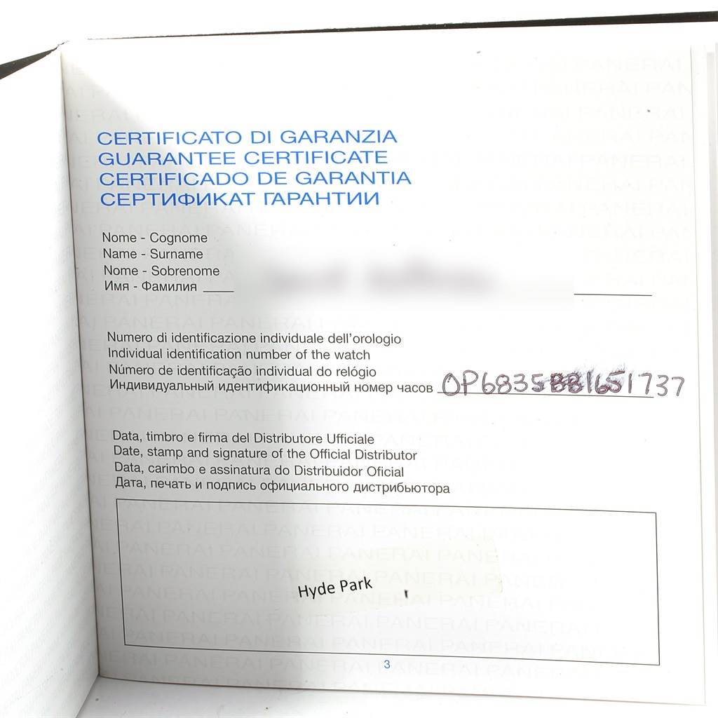 The image shows the guarantee certificate for a Panerai Luminor PAM00372 Men
s Stainless Steel Black Dial PAM00372 Men
s Stainless Steel Black Dial watch, displaying identification numbers and distributor details.