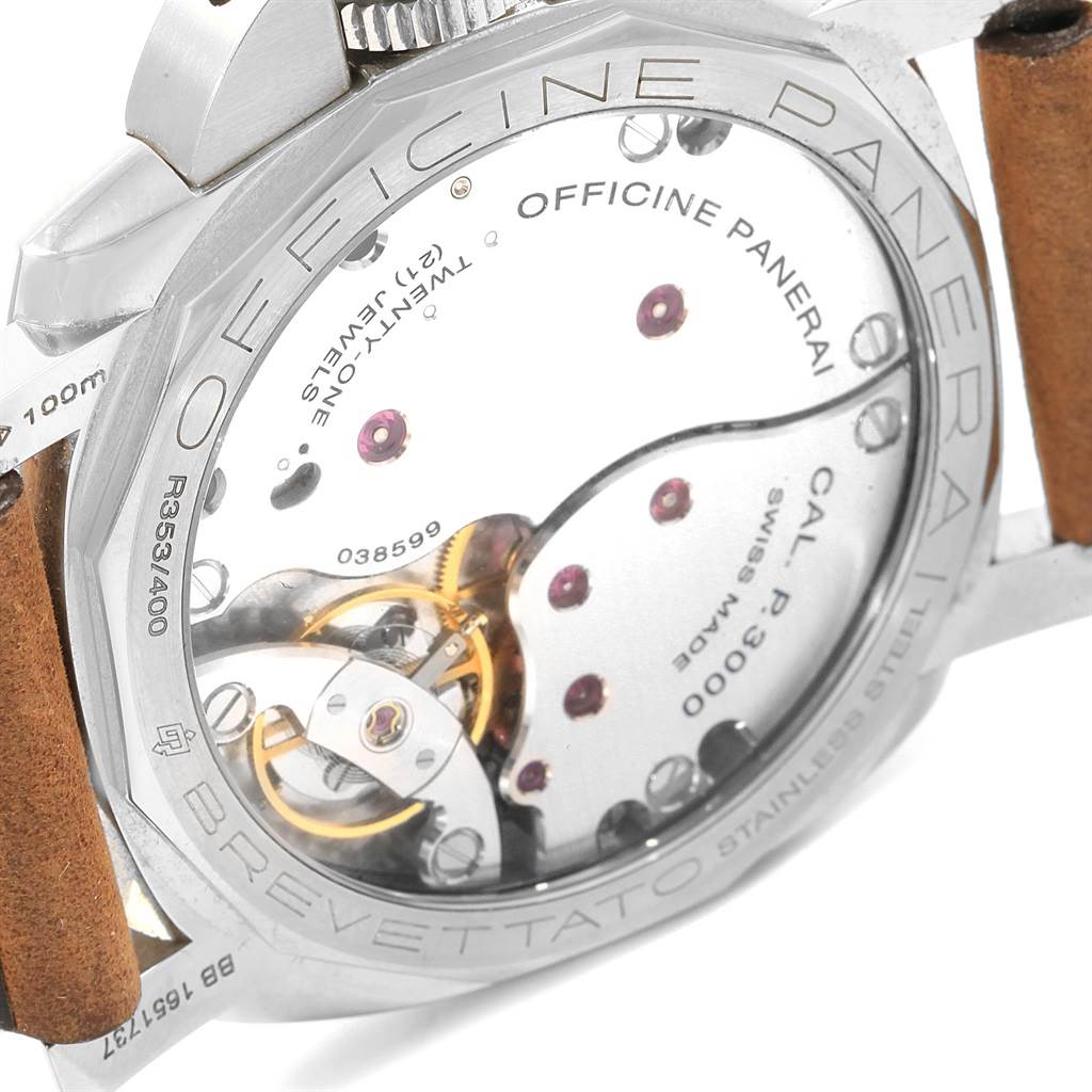 The image shows the back view of a Panerai Luminor PAM00372 Men
s Stainless Steel Black Dial PAM00372 Men
s Stainless Steel Black Dial watch, revealing its transparent caseback and internal movement.