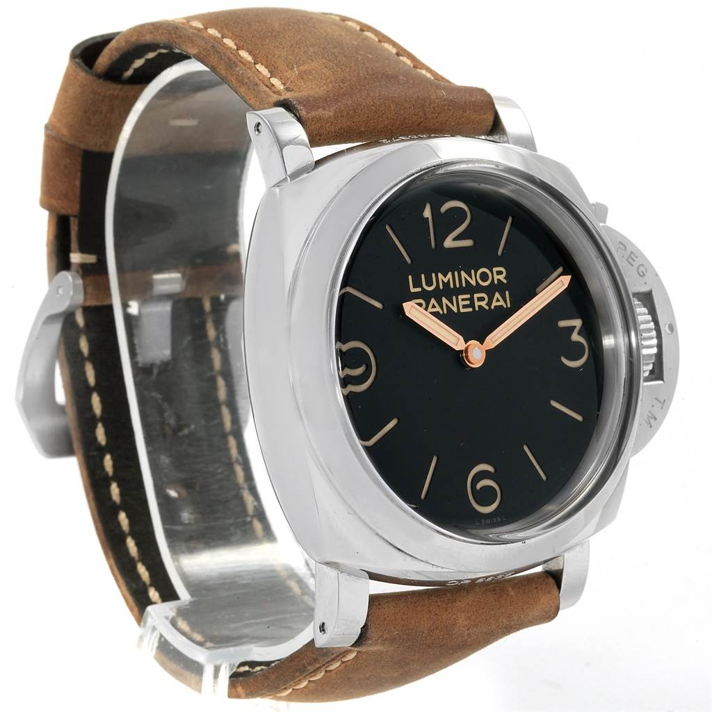 The image shows a side angle of a Panerai Luminor PAM00372 Men
s Stainless Steel Black Dial PAM00372 Men
s Stainless Steel Black Dial watch, highlighting the black dial, brown leather strap, and stainless steel case.