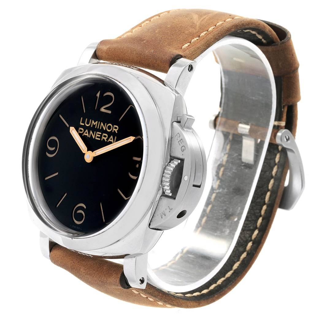 The image shows a Panerai Luminor PAM00372 Men
s Stainless Steel Black Dial PAM00372 Men
s Stainless Steel Black Dial model watch from an angled side view, featuring its round dial, crown guard, and brown leather strap.