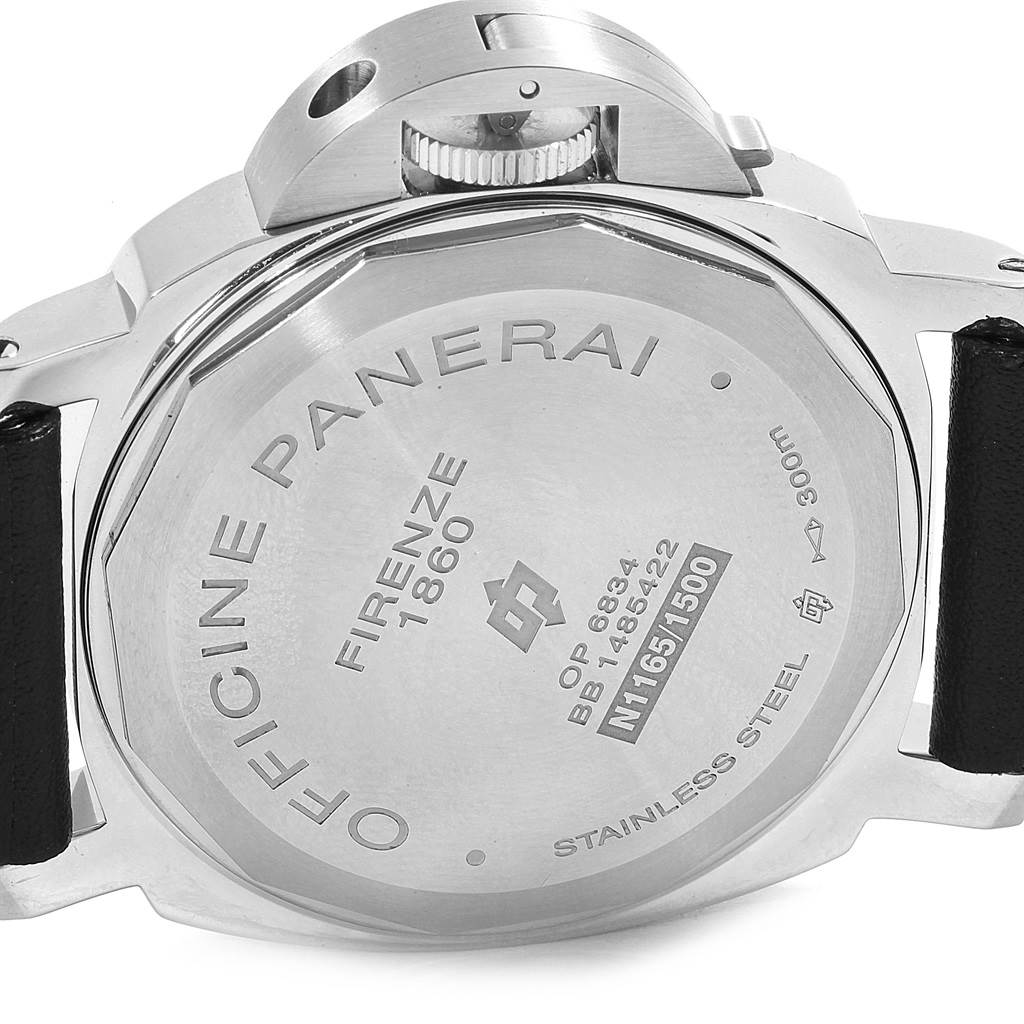 The image shows the back view of a Panerai Luminor PAM00000 Men's Stainless Steel Black Dial PAM00000 Men's Stainless Steel Black Dial watch, highlighting its case back and crown.
