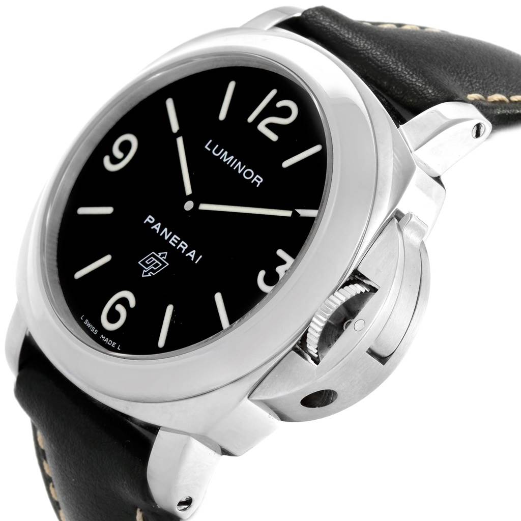 The image shows a close-up angle of the Panerai Luminor PAM00000 Men's Stainless Steel Black Dial PAM00000 Men's Stainless Steel Black Dial watch, highlighting the dial, crown, and strap.