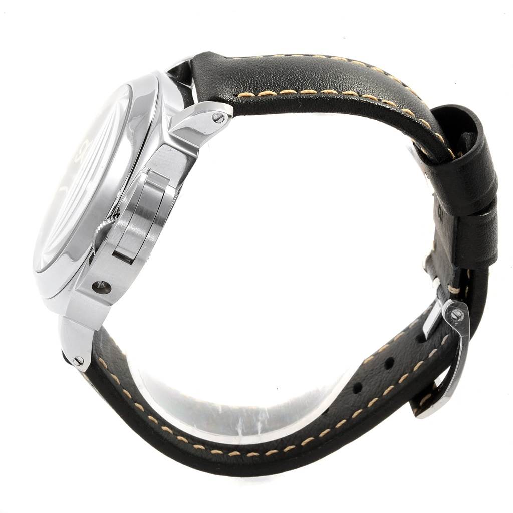 The image shows a side view of the Panerai Luminor PAM00000 Men's Stainless Steel Black Dial PAM00000 Men's Stainless Steel Black Dial watch, displaying its case, crown guard, and black leather strap with stitching.