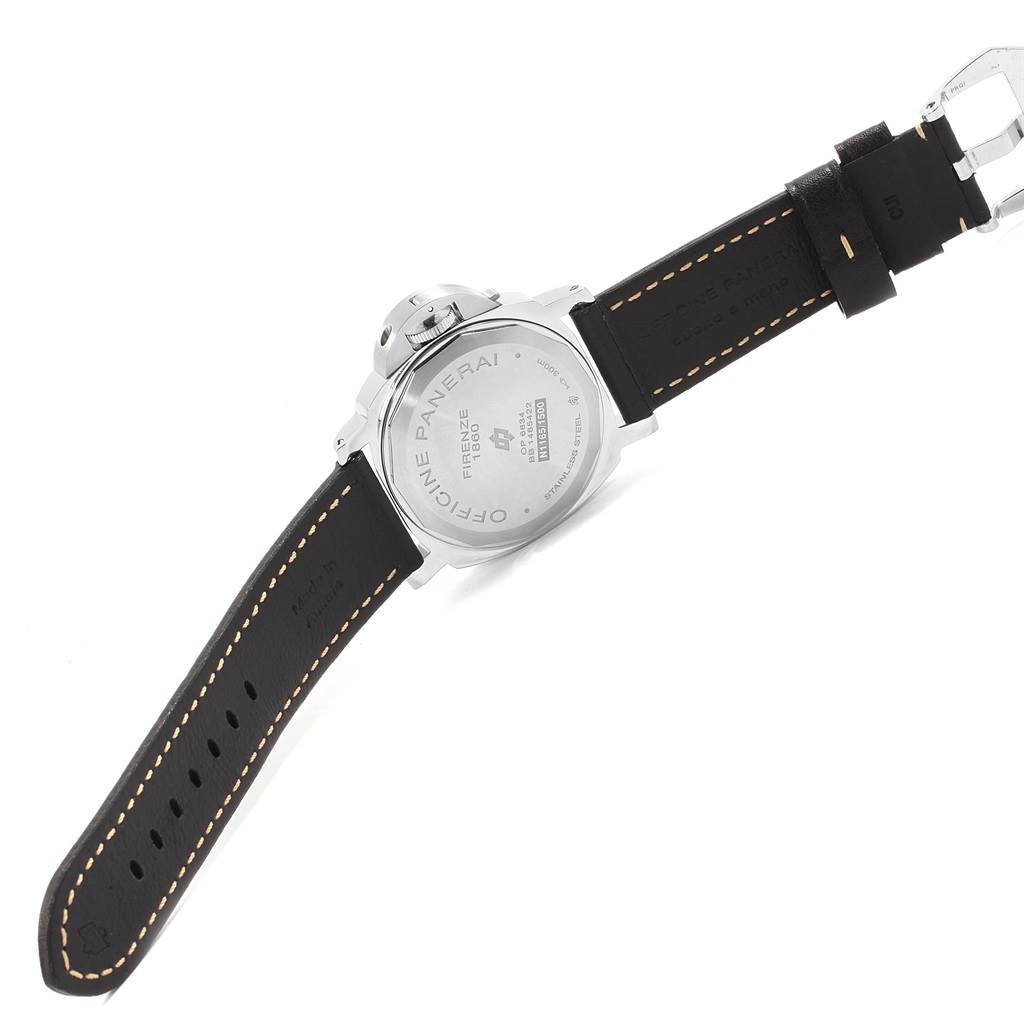 The image shows the back case and black strap of a Panerai Luminor PAM00000 Men's Stainless Steel Black Dial PAM00000 Men's Stainless Steel Black Dial watch, angled to display the rear engraving and clasp.