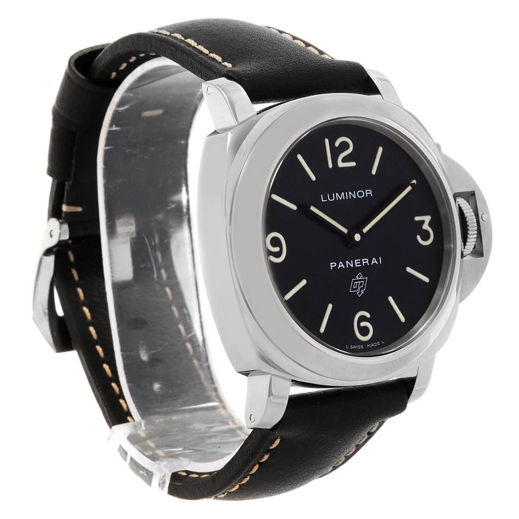 The image shows a side and front angle of the Panerai Luminor PAM00000 Men's Stainless Steel Black Dial PAM00000 Men's Stainless Steel Black Dial watch, displaying its black leather strap and black dial.