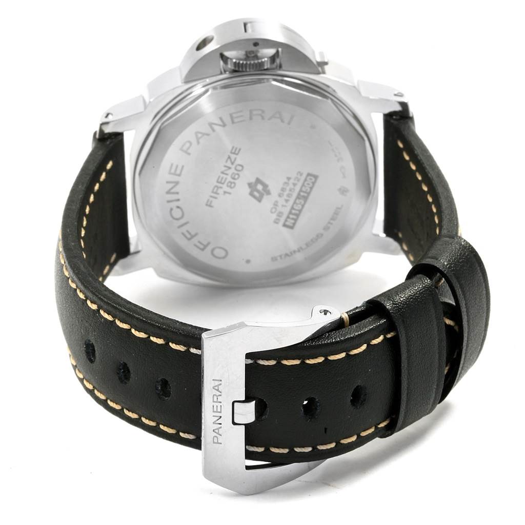 The image shows the back and strap of a Panerai Luminor PAM00000 Men's Stainless Steel Black Dial PAM00000 Men's Stainless Steel Black Dial watch at a rear angle.