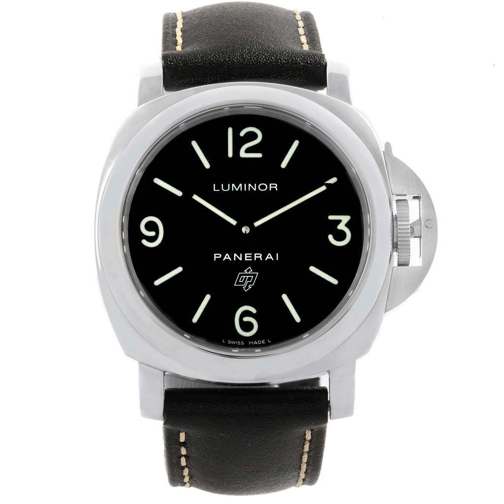 The image shows a front view of the Panerai Luminor PAM00000 Men's Stainless Steel Black Dial PAM00000 Men's Stainless Steel Black Dial watch, highlighting the dial, case, and leather strap.