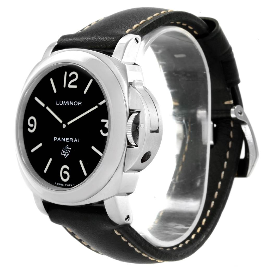 The Panerai Luminor PAM00000 Men's Stainless Steel Black Dial PAM00000 Men's Stainless Steel Black Dial watch is shown at an angle displaying the face, crown guard, and leather strap with stitching.