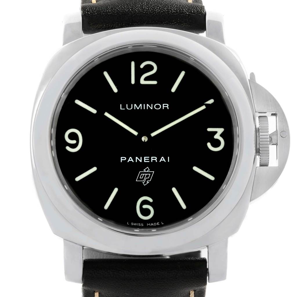 The image shows a front angle view of a Panerai Luminor PAM00000 Men's Stainless Steel Black Dial PAM00000 Men's Stainless Steel Black Dial watch, highlighting its dial, casing, and crown guard.
