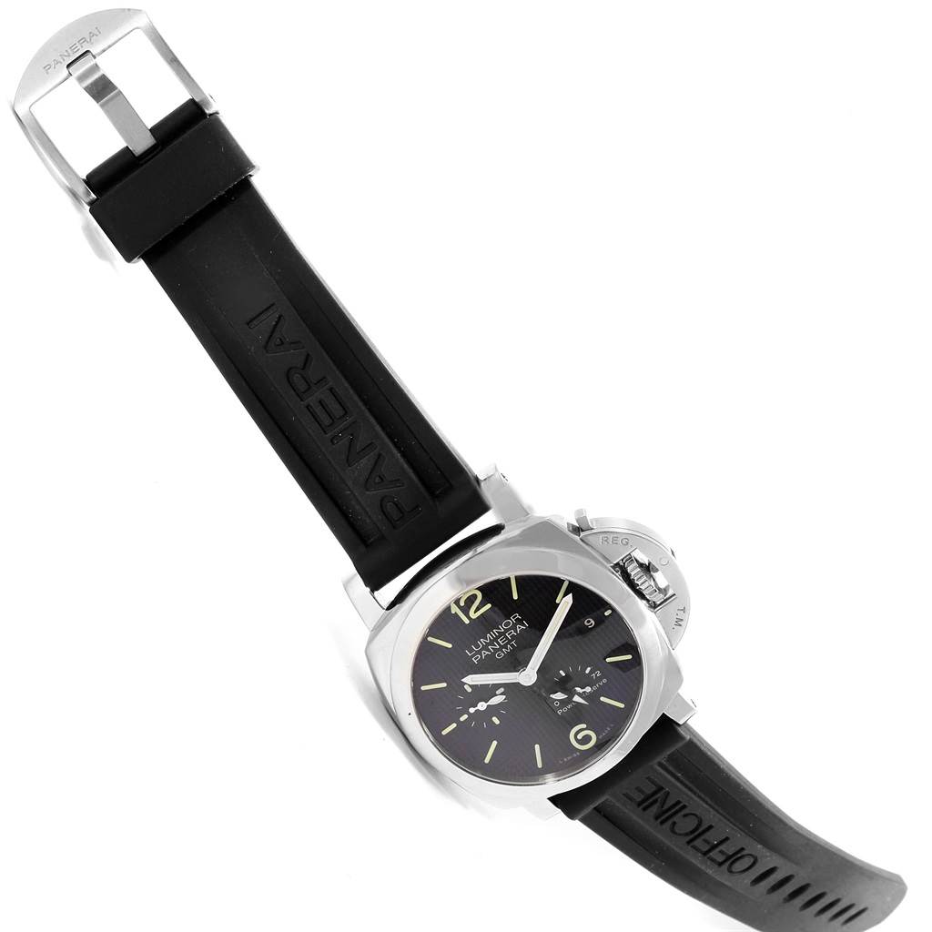 The image shows a Panerai Luminor PAM00537 Men
s Stainless Steel Black Dial PAM00537 Men
s Stainless Steel Black Dial watch at an angled top view, highlighting its black rubber strap, black dial, and crown guard.