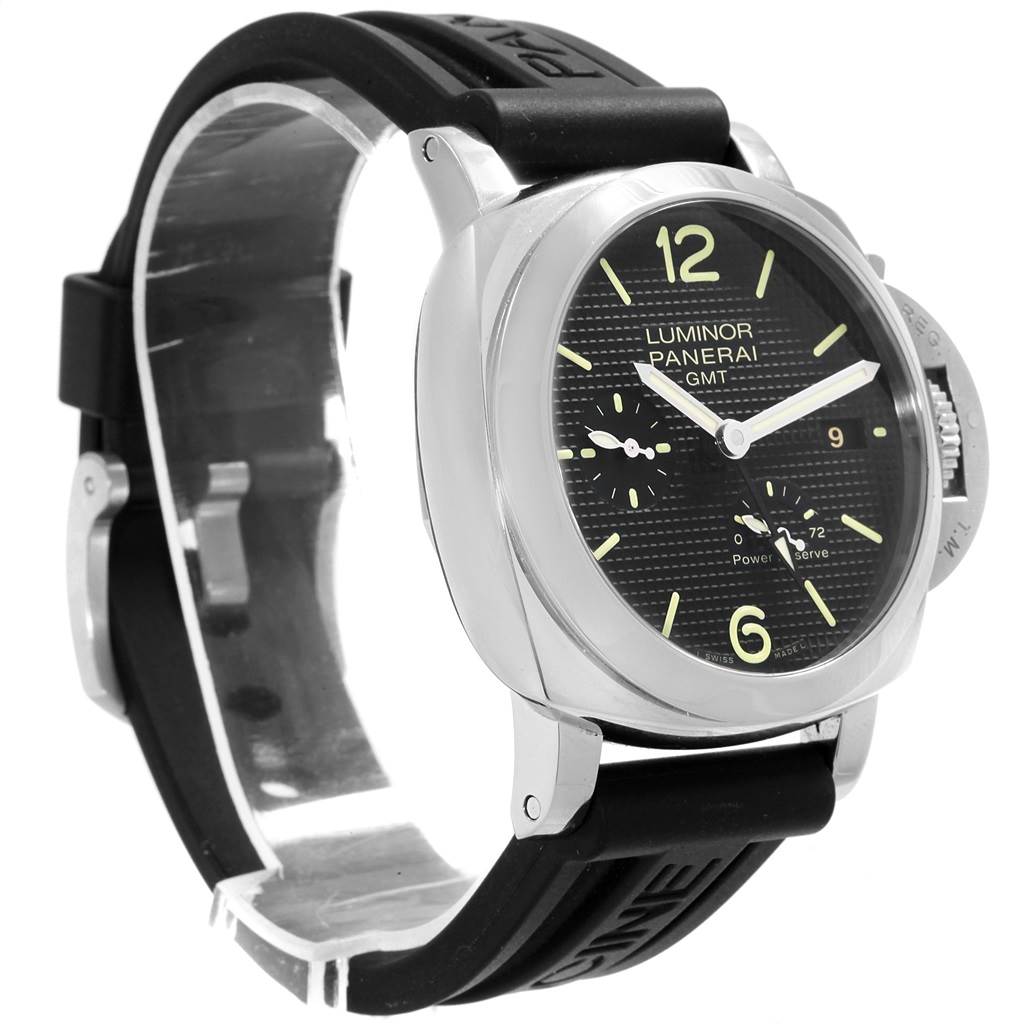 The image shows a Panerai Luminor PAM00537 Men
s Stainless Steel Black Dial PAM00537 Men
s Stainless Steel Black Dial GMT watch from a front angle, highlighting the dial, case, and black rubber strap.