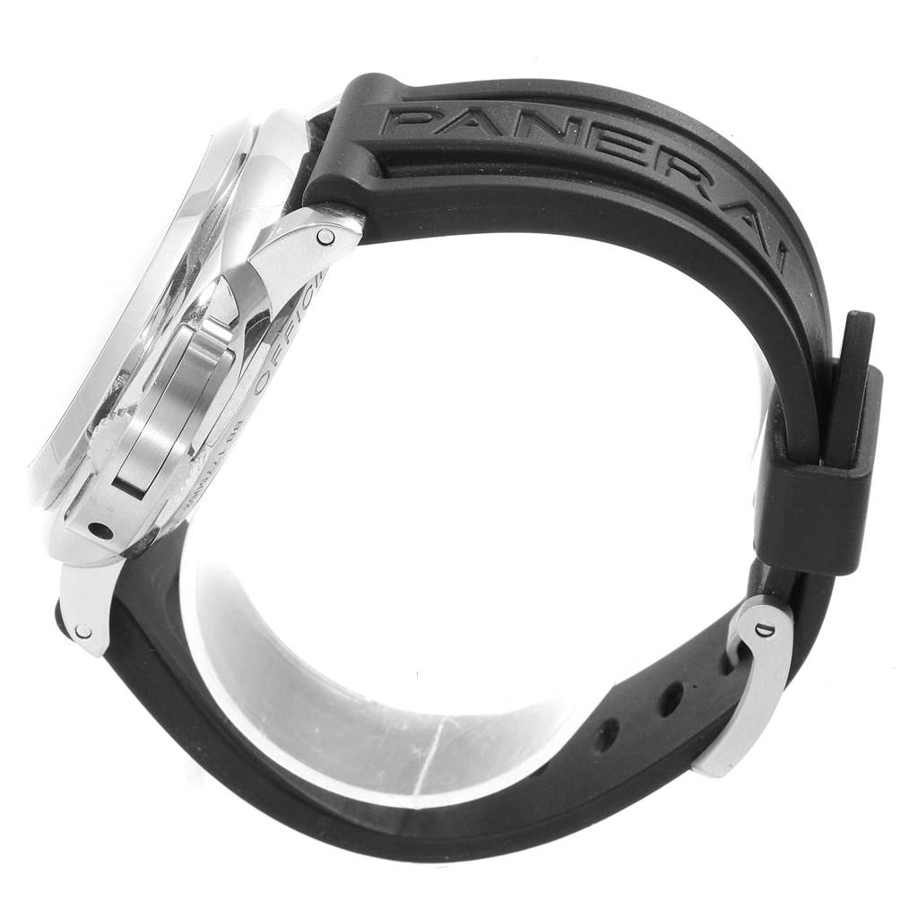 The image shows the side profile of a Panerai Luminor PAM00537 Men
s Stainless Steel Black Dial PAM00537 Men
s Stainless Steel Black Dial watch, highlighting its case, crown guard, and rubber strap with Panerai branding.