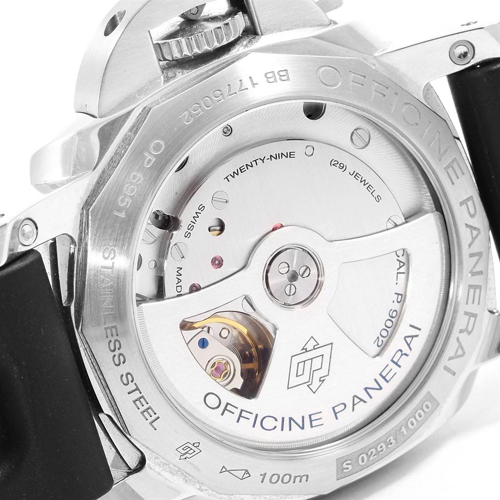 This image shows the back view of the Panerai Luminor PAM00537 Men
s Stainless Steel Black Dial PAM00537 Men
s Stainless Steel Black Dial watch, highlighting its movement and detailing.