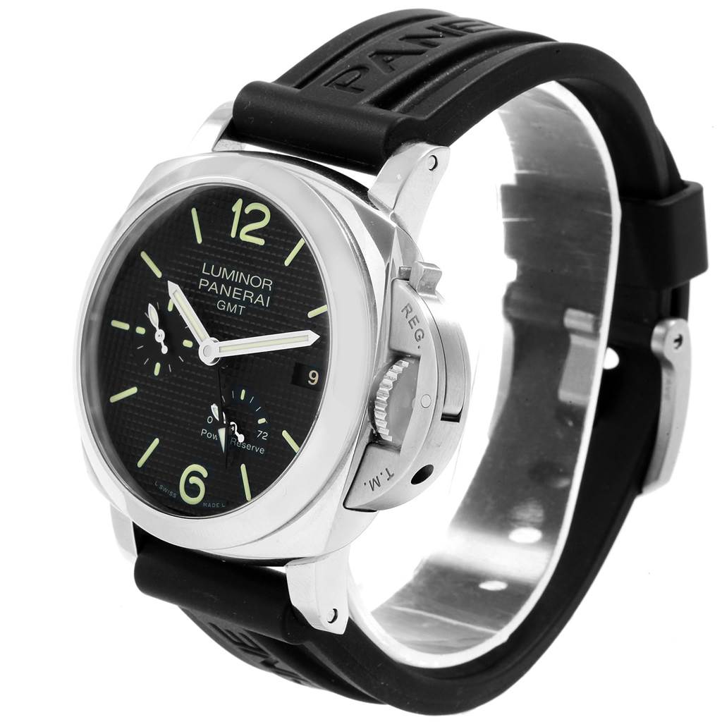 This image shows a Panerai Luminor PAM00537 Men
s Stainless Steel Black Dial PAM00537 Men
s Stainless Steel Black Dial watch at a three-quarter angle, highlighting its face, bezel, crown guard, and strap.