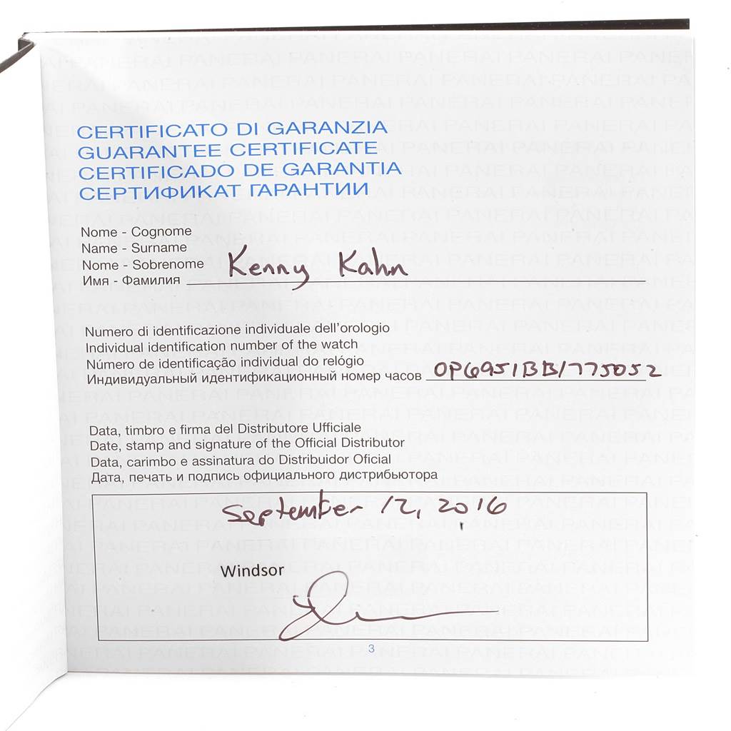 This image shows the guarantee certificate for a Panerai Luminor PAM00537 Men
s Stainless Steel Black Dial PAM00537 Men
s Stainless Steel Black Dial watch, including the identification number and date of purchase.