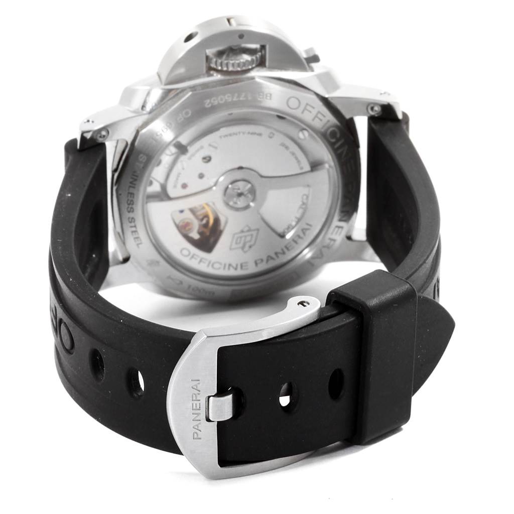 The image shows the back angle of the Panerai Luminor PAM00537 Men
s Stainless Steel Black Dial PAM00537 Men
s Stainless Steel Black Dial watch, highlighting its stainless steel case back, mechanism, and the rubber strap with "Panerai" engraved on the buckle.