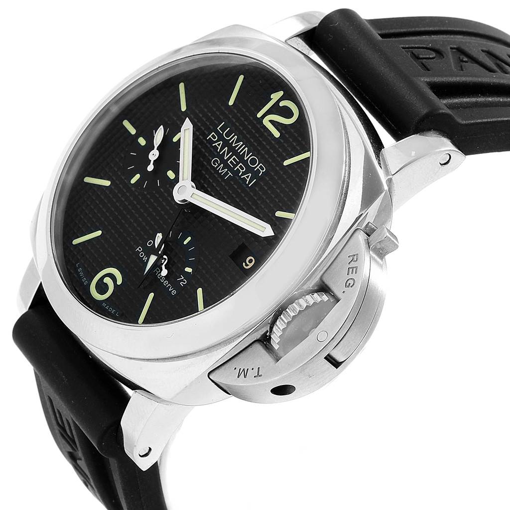 The image shows a Luminor Panerai GMT watch from an angled side view, highlighting its face, bezel, crown guard, and strap.