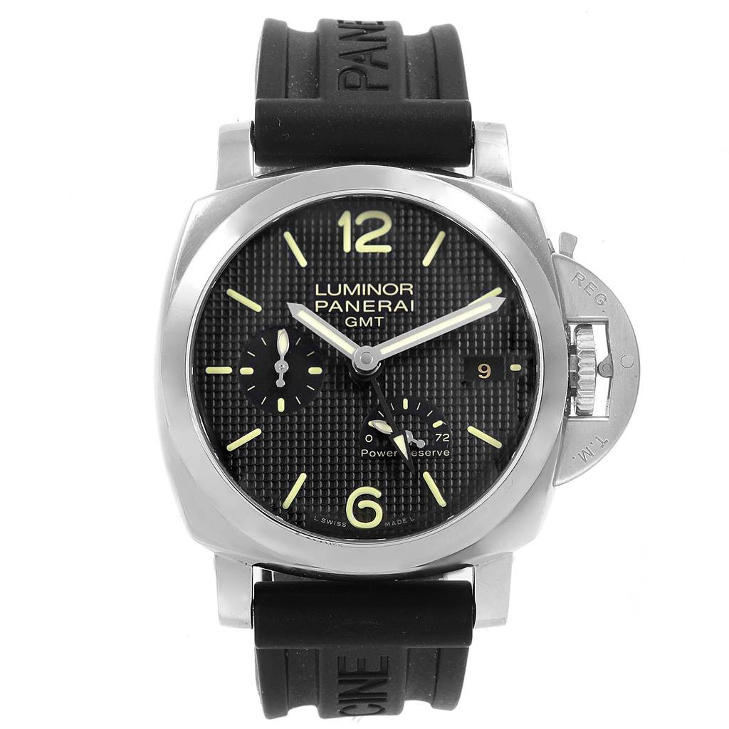 The image shows a front view of the Panerai Luminor PAM00537 Men
s Stainless Steel Black Dial PAM00537 Men
s Stainless Steel Black Dial watch, displaying the dial, hands, crown guard, and a rubber strap.