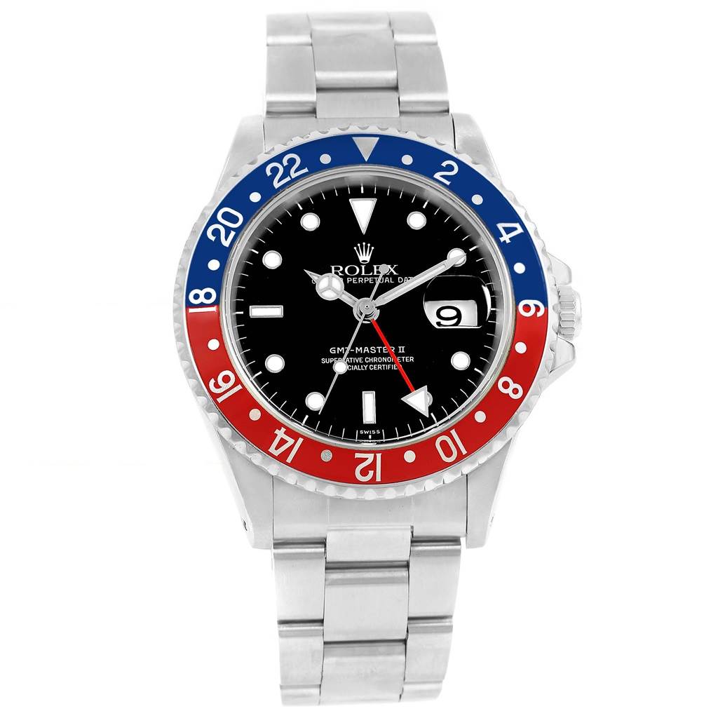 This image shows a front view of a Rolex GMT-Master 16710 Men's Stainless Steel Black Dial 16710 Men's Stainless Steel Black Dial II watch, displaying its dial, bezel, and bracelet.